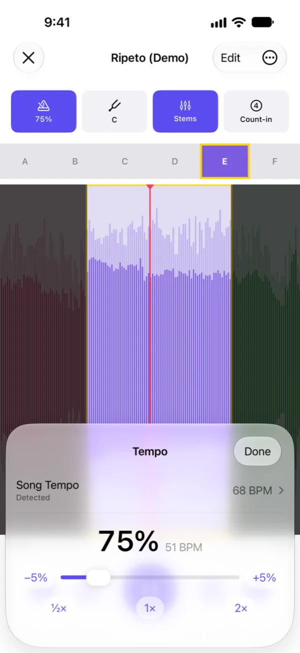 The Song Tempo sheet with the playback speed and the detected BPM